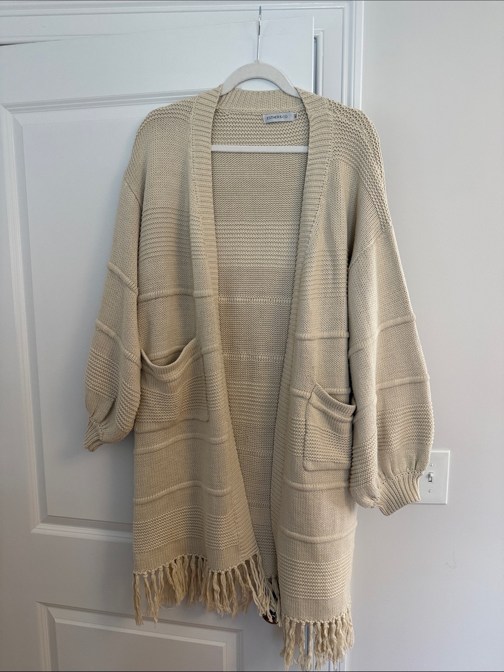 Fringed Boho Open-Front Knit Cardigan — Cream